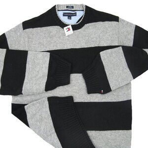 NEW Tommy Hilfiger Lambswool Sweater!  Black & Gray Stripe  Tommy Flag  Heavier